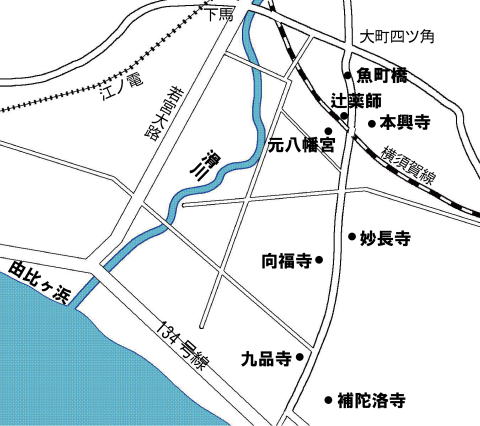 写真上:由比ヶ浜付近地図
